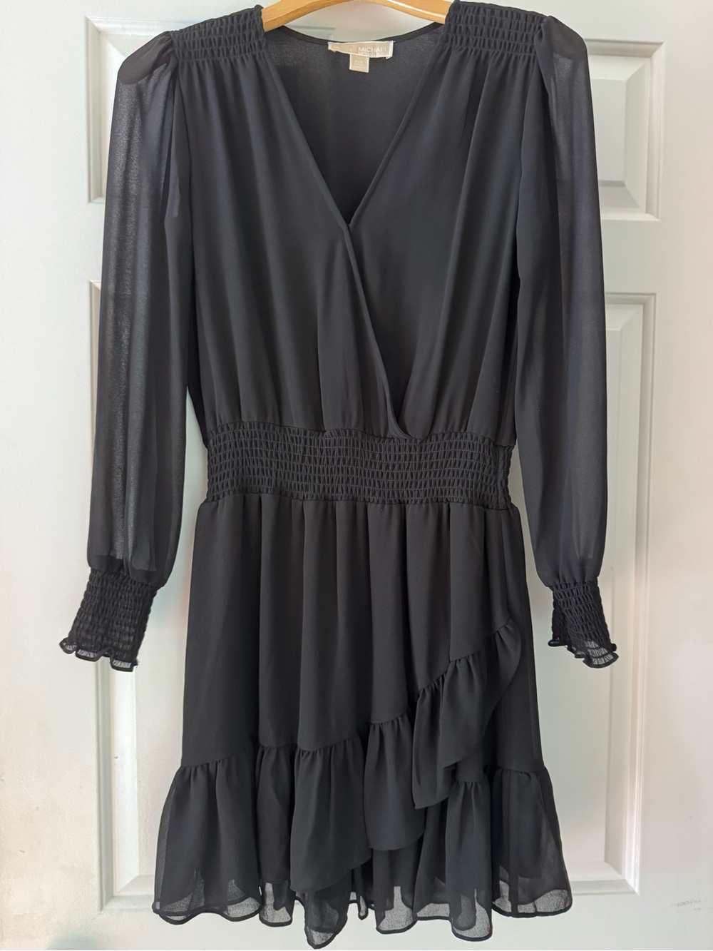 Michael Kors Black Long-Sleeve Smocked Waist Ruffle Dress
